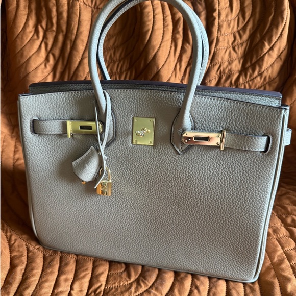 Tan Genuine Leather, Birkin-Inspired Tote with Gold Lock - Picture 2 of 12